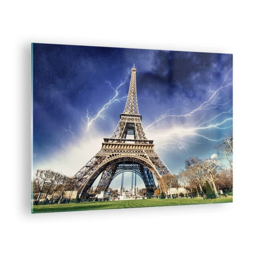 Üveg kép - Az Eiffel-torony villámlással körülvéve egy felhős napon - 70x50cm - A viharok uralkodója - Modern fali dekoráció nappalihoz és hálószobához ARTTOR