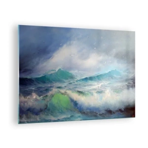 Üveg kép - Durva óceáni hullámok madarakkal a felhős égen - 70x50cm - "A forgószél diadalmasan üvöltött...” - Modern fali dekoráció nappalihoz és hálószobához ARTTOR