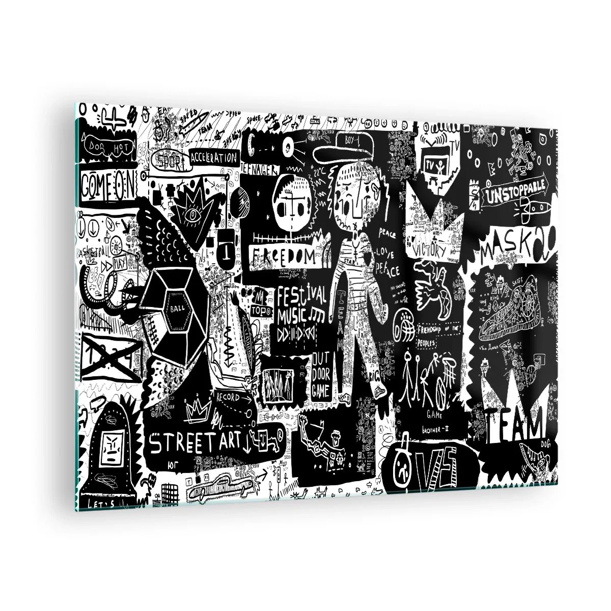 Üveg kép - Fekete-fehér street art stílusú grafika karakterekkel és szimbólumokkal - 70x50cm - A szellemi fiatalság törvényei és örömei - Modern fali dekoráció nappalihoz és hálószobához ARTTOR