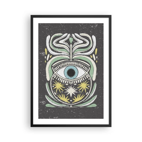 Poszter fehér keretben - Egy szimbolikus szem, sötét háttér előtt növényi mintákkal körülvéve. - 50x70cm - Törzsi rituálék - Modern fali dekoráció nappalihoz és hálószobához ARTTOR