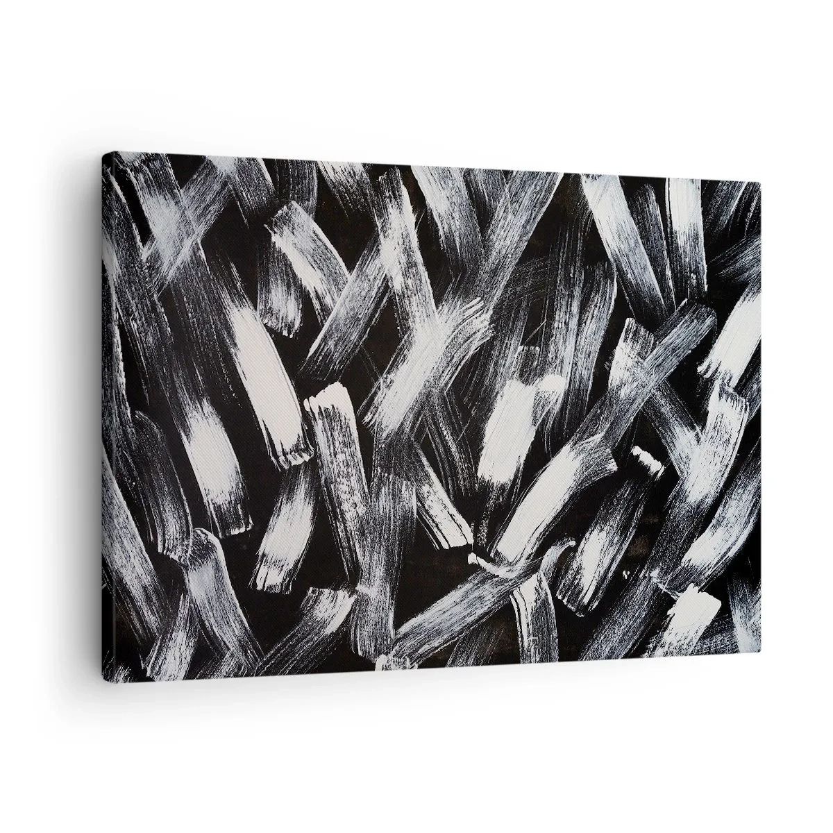 Vászonkép - Dinamikus absztrakció fehér ecsetvonásokkal fekete háttéren. - 70x50cm - Absztrakció az ipari szellemben - Modern fali dekoráció nappalihoz és hálószobához ARTTOR