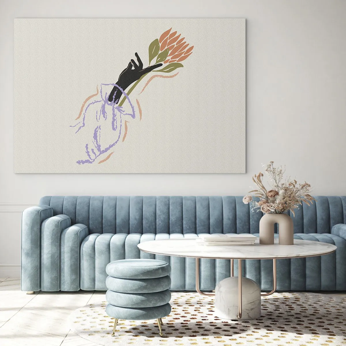 Üveg kép - Egy stilizált kéz, pasztell vonalakkal rajzolt virágcsokorral. - 70x50cm - Egy testvéri érintés - Modern fali dekoráció nappalihoz és hálószobához ARTTOR