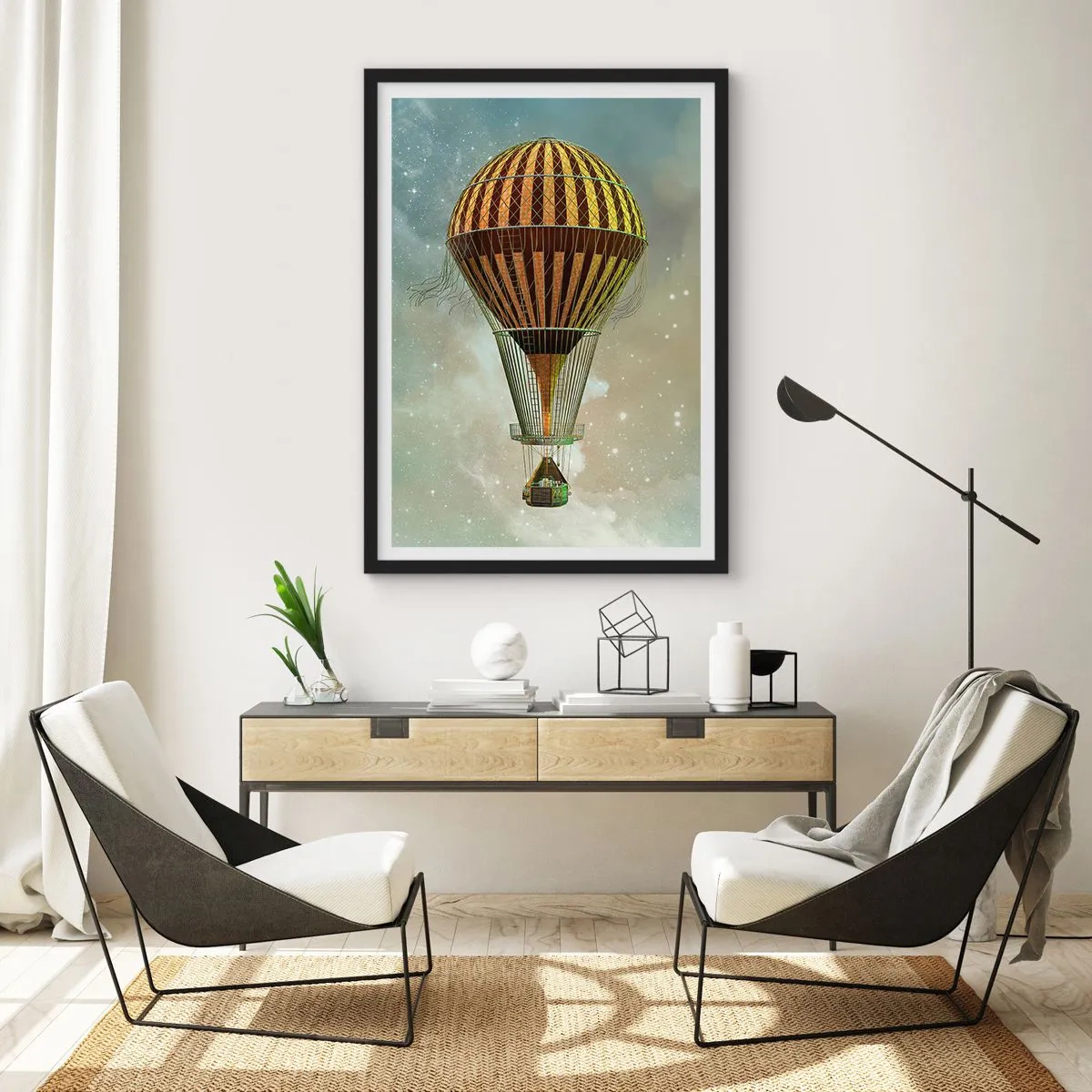 Poszter fehér keretben - Egy arany lufi lebeg a világűrben - 50x70cm - Úttörő járatok - Modern fali dekoráció nappalihoz és hálószobához ARTTOR