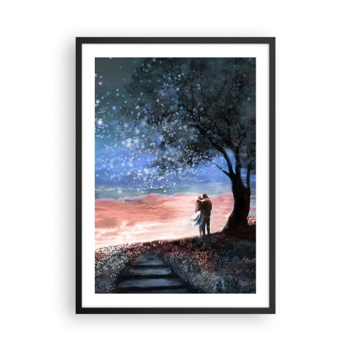 Poszter fehér keretben - Egy pár egy fa alatt a csillagos fényben és a festői tájban - 50x70cm - Csillagos előadás - Modern fali dekoráció nappalihoz és hálószobához ARTTOR