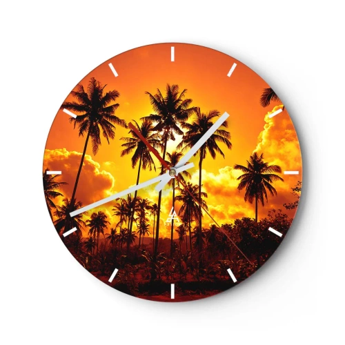 Falióra, Óra - Pálmafák a lenyugvó nap hátterében - 30x30cm - Égnek a hegyek, égnek az erdők - Modern fali dekoráció nappalihoz, konyhához és hálószobához ARTTOR