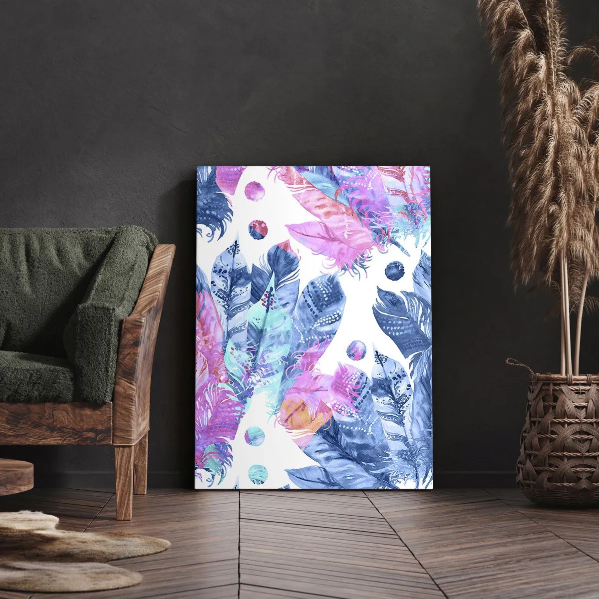 Vászonkép - Rózsaszín és kék tollak - 50x70 cm