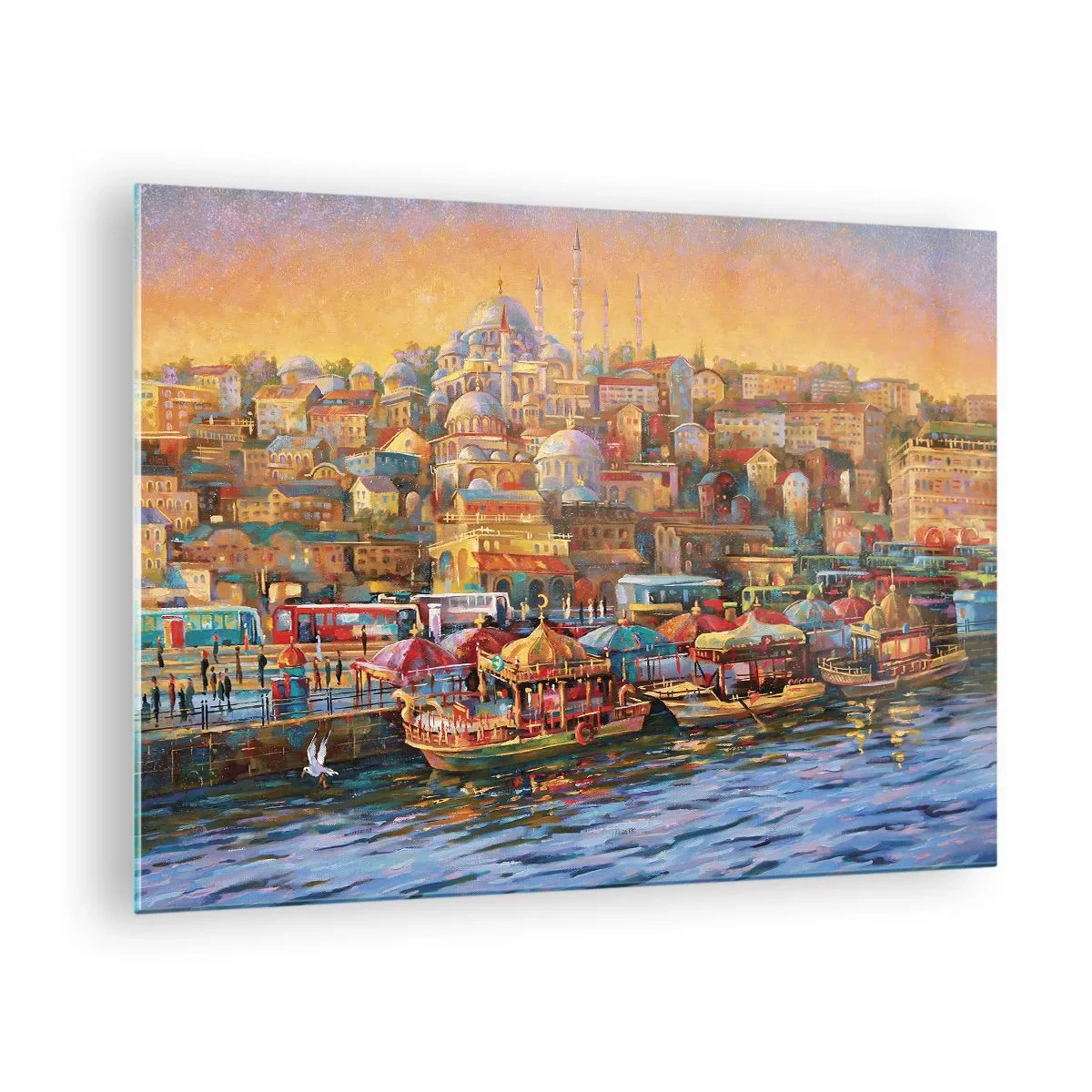 Üveg kép - Színes kikötő hajókkal és városi panorámával naplementekor - 70x50cm - Isztambuli mese - Modern fali dekoráció nappalihoz és hálószobához ARTTOR