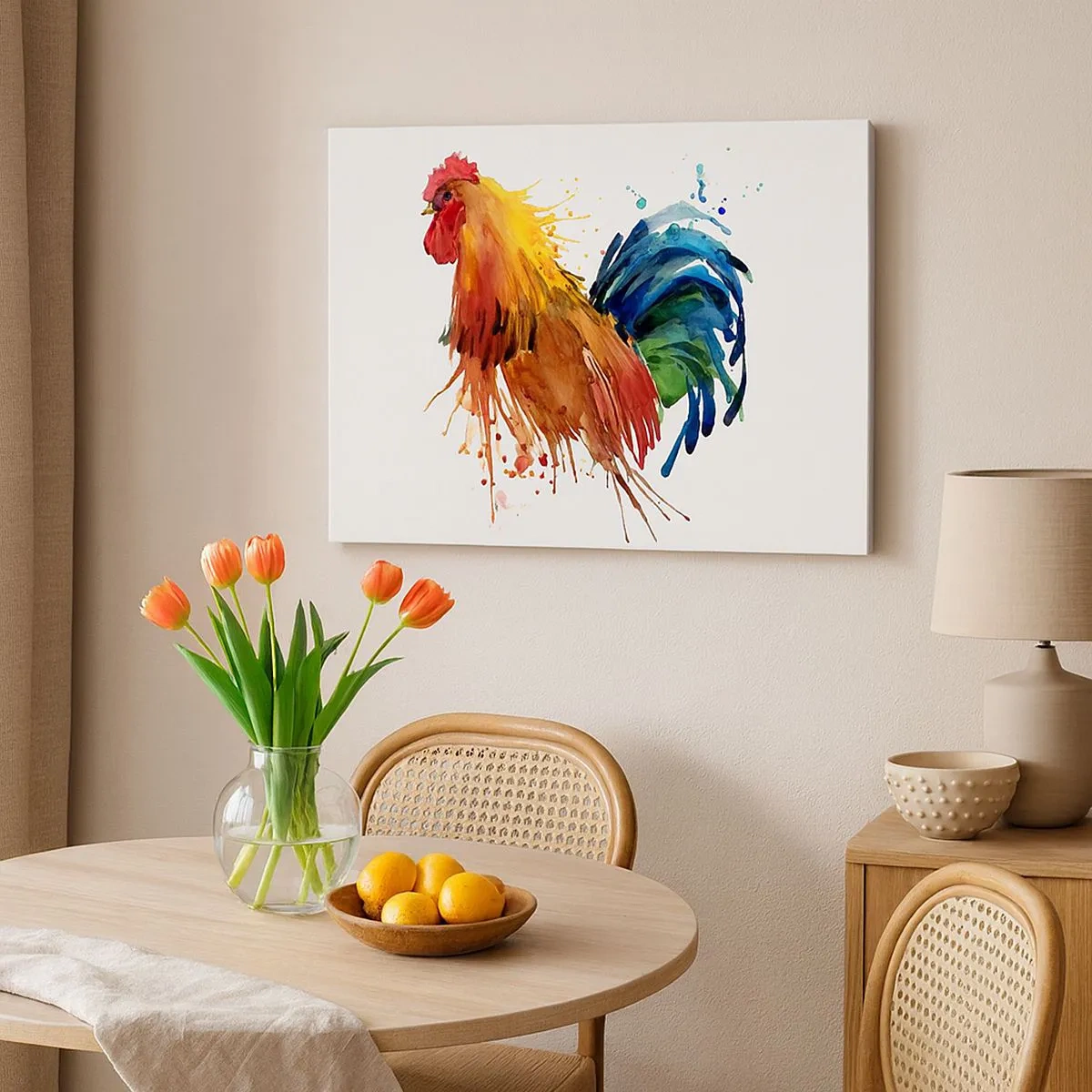 Vászonkép - Színes kakas akvarell stílusban - 70x50cm - Királyi ruha, királyi büszkeség - Modern fali dekoráció nappalihoz és hálószobához ARTTOR