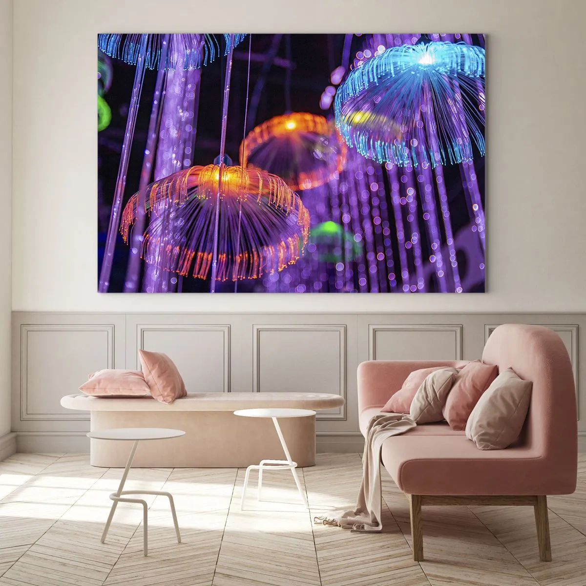 Üveg kép - Színes, medúzára emlékeztető fényszerkezetek - 70x50cm - Világító szökőkút - Modern fali dekoráció nappalihoz és hálószobához ARTTOR