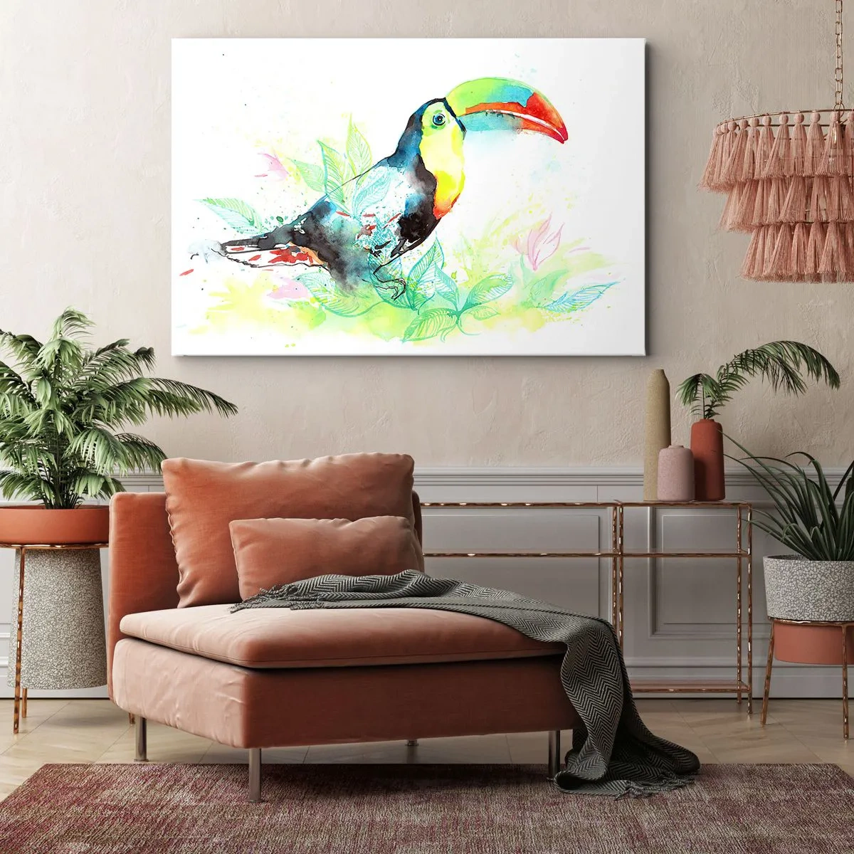 Vászonkép - Akvarell illusztráció egy tukánról trópusi háttéren - 70x50cm - Színes mint Dél-Amerika - Modern fali dekoráció nappalihoz és hálószobához ARTTOR