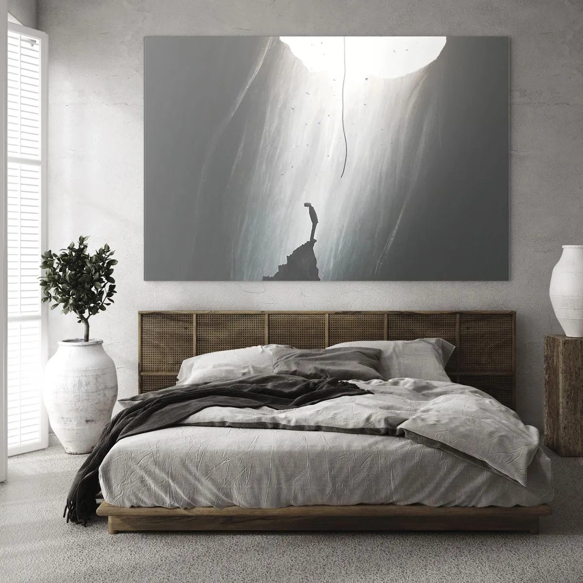 Üveg kép - Egy férfi áll a sötétben egy szakadék feletti világító kijárat tövében - 70x50cm - Mindig van kiút - Modern fali dekoráció nappalihoz és hálószobához ARTTOR