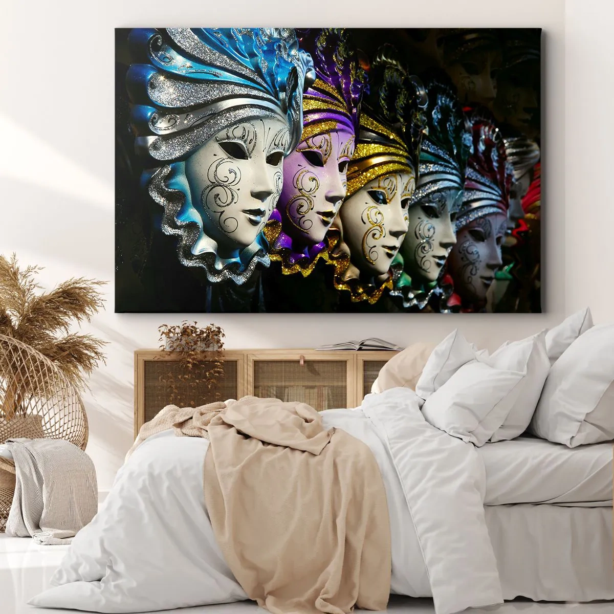 Vászonkép - Velencei maszkok különböző színekben, dekoratív mintákkal - 70x50cm - Rejtély aranyban és ezüstben - Modern fali dekoráció nappalihoz és hálószobához ARTTOR