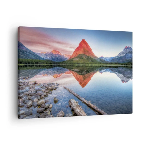 Vászonkép - Egy hegy tükröződik egy tóban naplementekor - 70x50cm - Forróság és hideg - Modern fali dekoráció nappalihoz és hálószobához ARTTOR