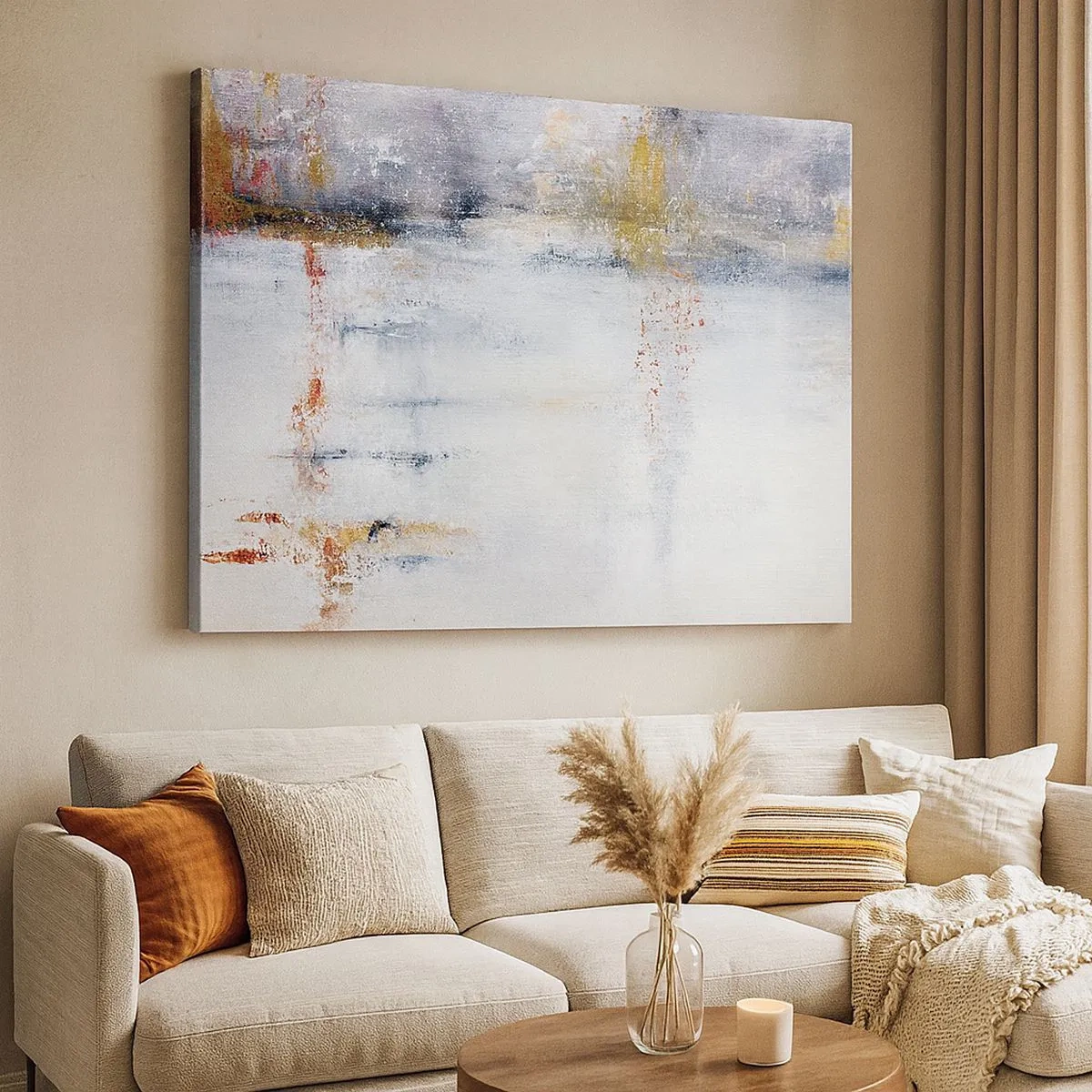 Vászonkép - Egy absztrakt tájkép elmosódott szürke és arany díszítésekkel. - 70x50cm - A légfüggöny mögött  - Modern fali dekoráció nappalihoz és hálószobához ARTTOR