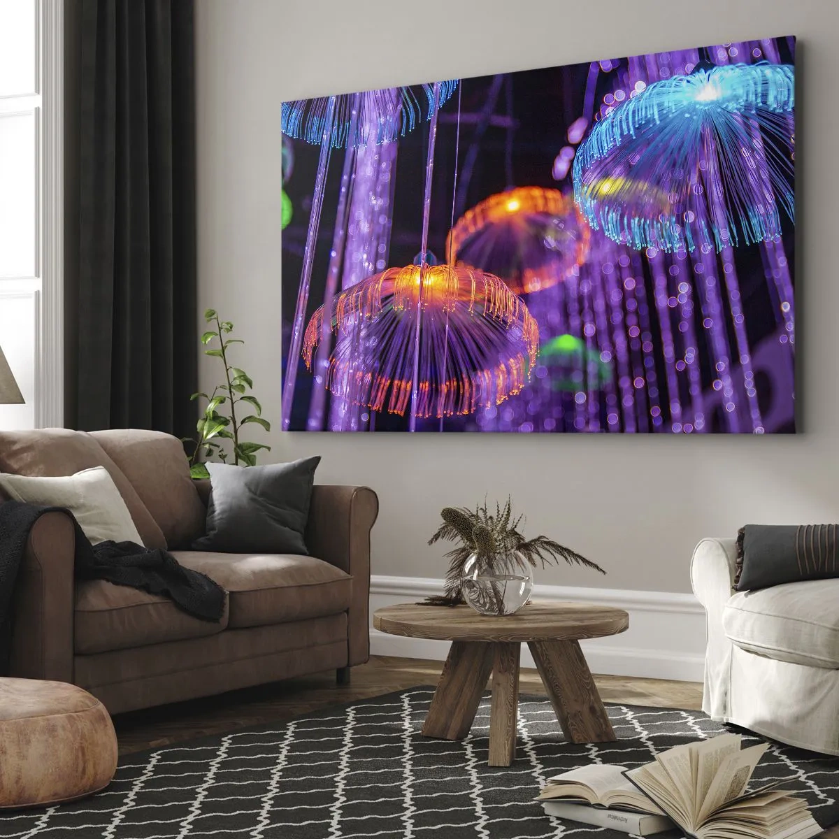 Vászonkép - Színes világító medúza sötét környezetben - 70x50cm - Világító szökőkút - Modern fali dekoráció nappalihoz és hálószobához ARTTOR