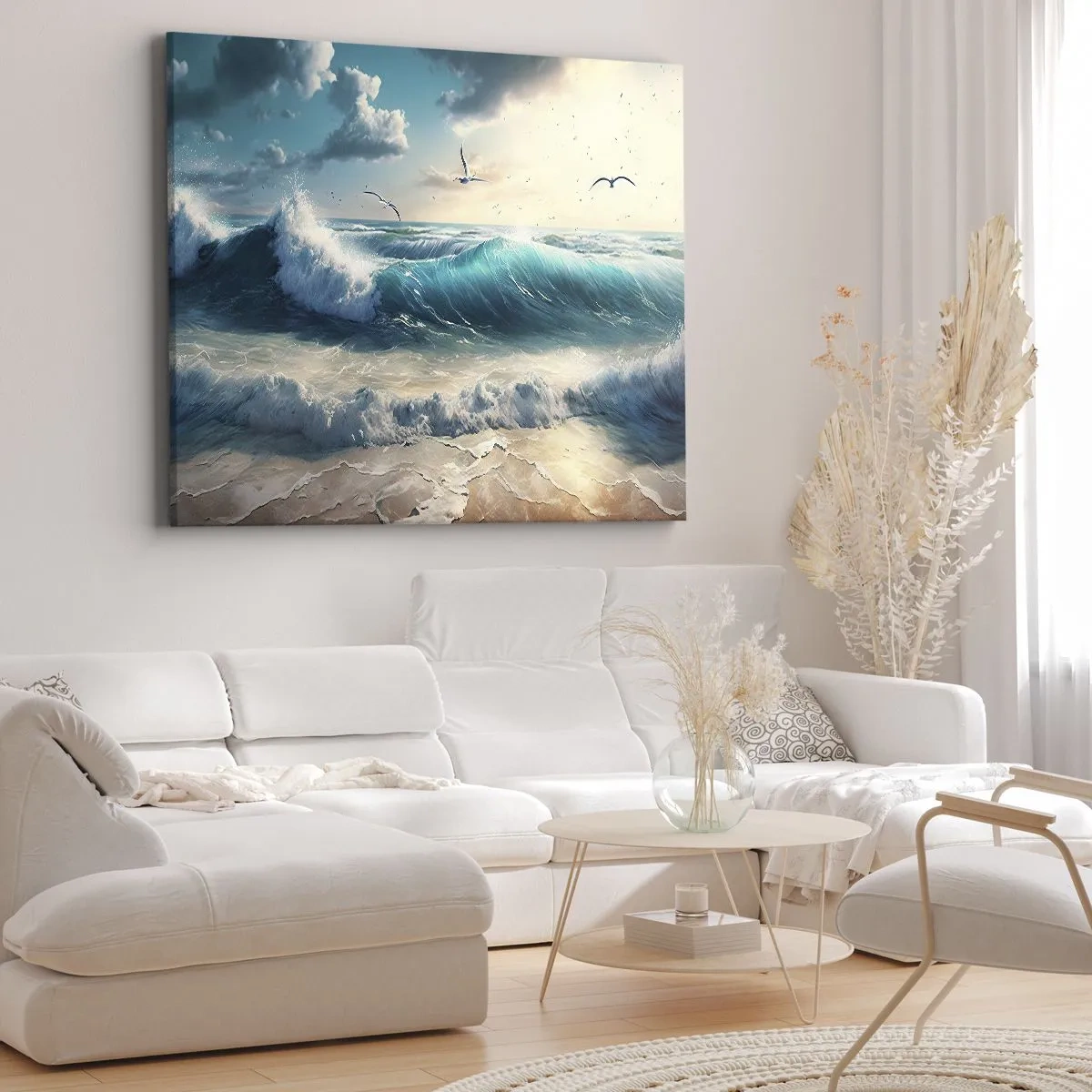 Vászonkép - Tengeri hullámok a tengerparton, kék ég alatt, sirályokkal - 70x50cm - Zaj csak neked - Modern fali dekoráció nappalihoz és hálószobához ARTTOR