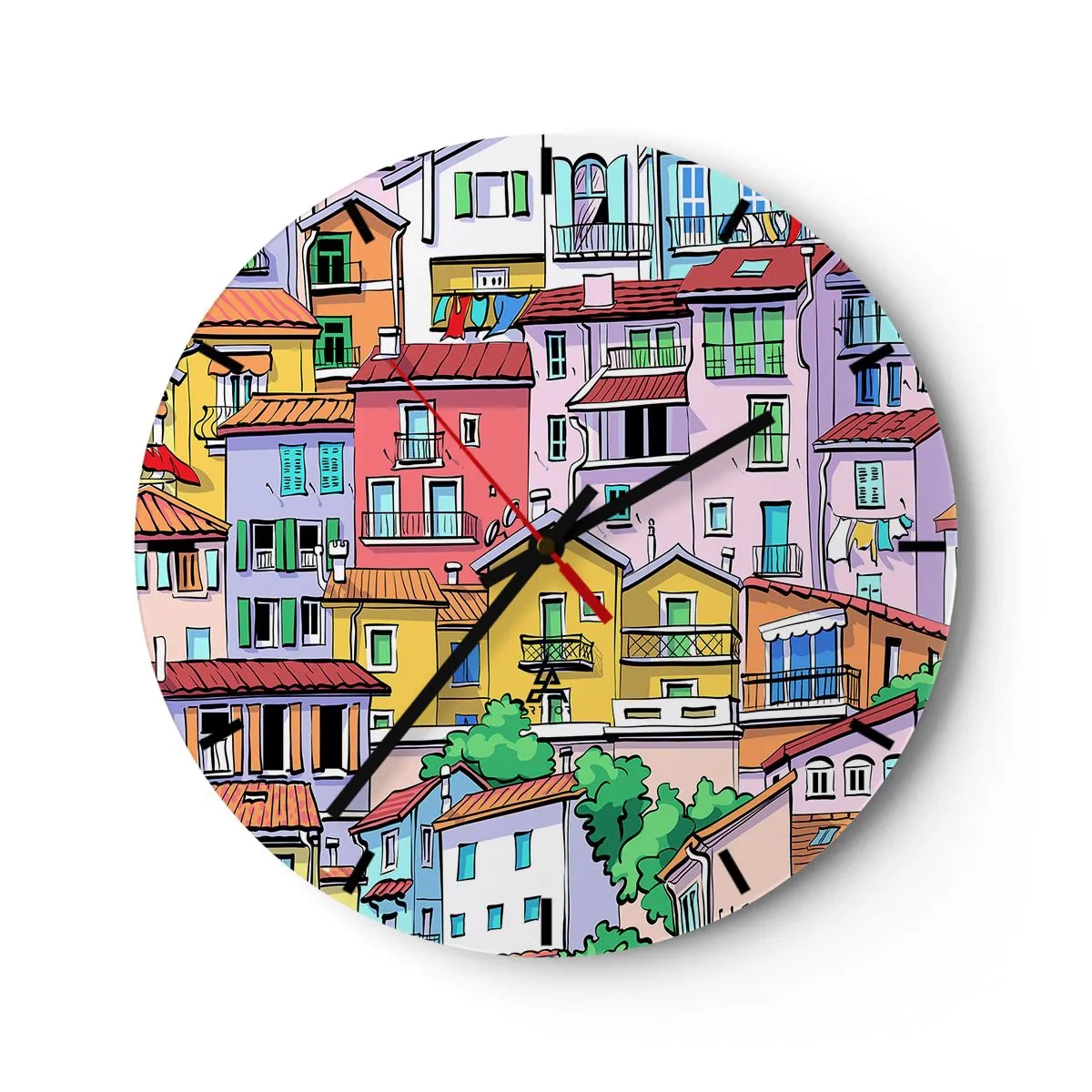 Falióra, Óra - Színes bérházak szemléltető stílusban - 30x30cm - Vidám város - Modern fali dekoráció nappalihoz, konyhához és hálószobához ARTTOR
