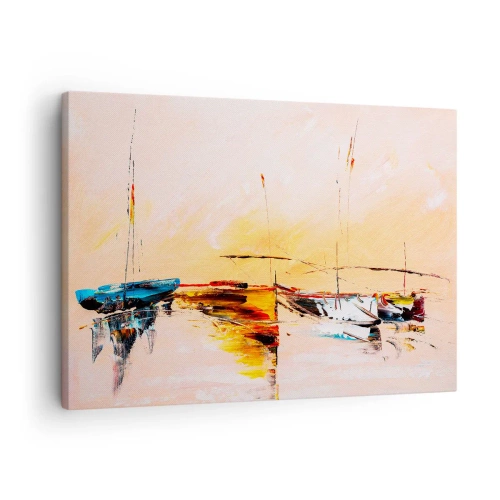 Vászonkép - Színes hajók nyugodt vízen naplementekor - 70x50cm - Egy este a kikötőben - Modern fali dekoráció nappalihoz és hálószobához ARTTOR