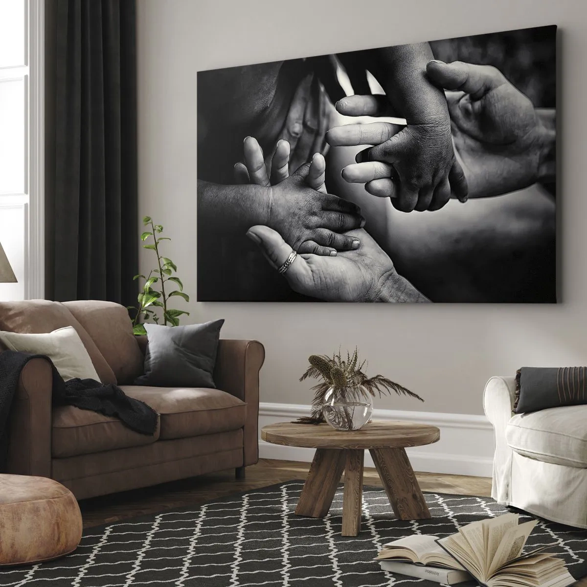 Vászonkép - Különböző generációk fekete-fehér kezei - 70x50cm - Embernek lenni - Modern fali dekoráció nappalihoz és hálószobához ARTTOR