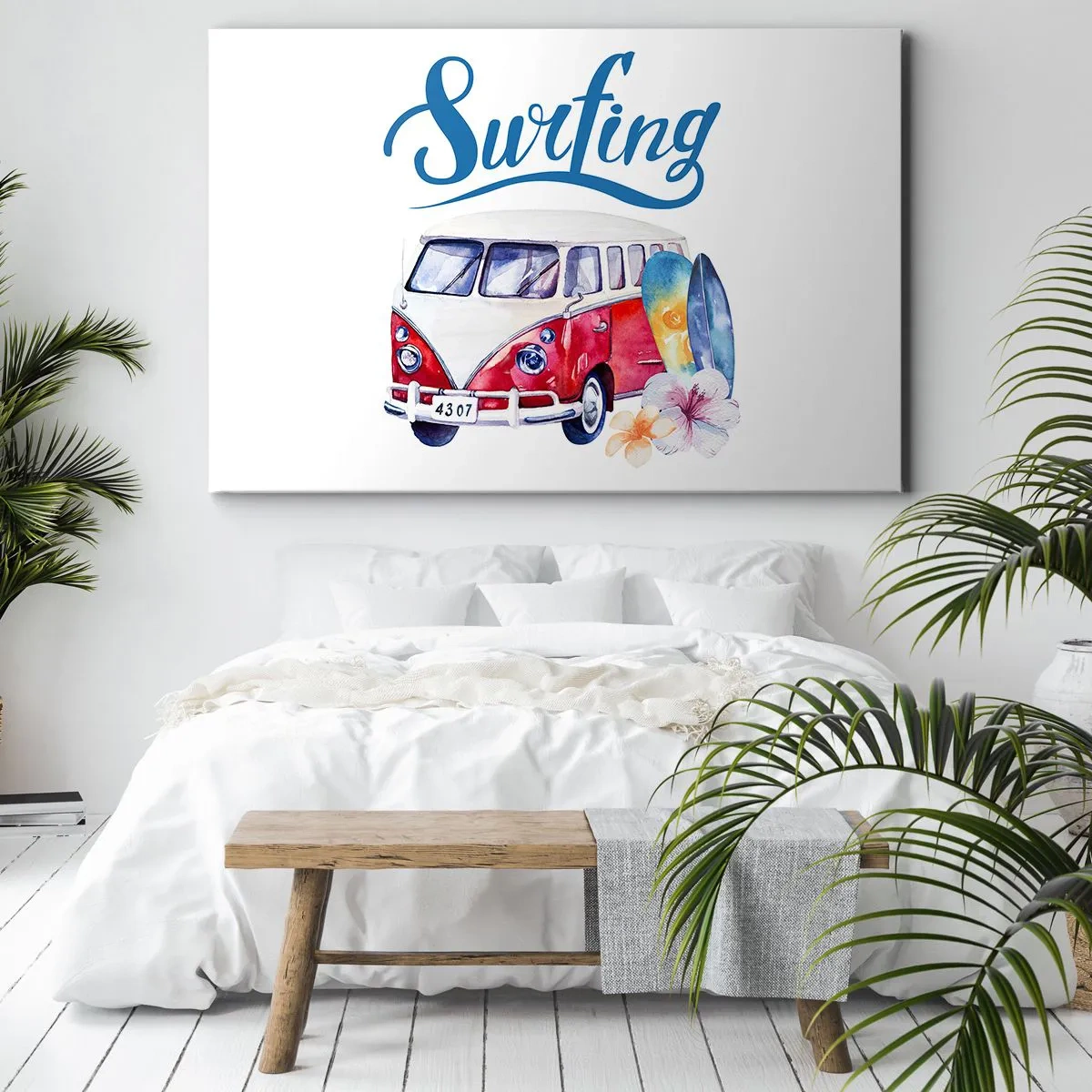 Vászonkép - Színes grafika buszos és szörfös témával - 70x50cm - Uborka - klasszikus egy szörfös számára - Modern fali dekoráció nappalihoz és hálószobához ARTTOR