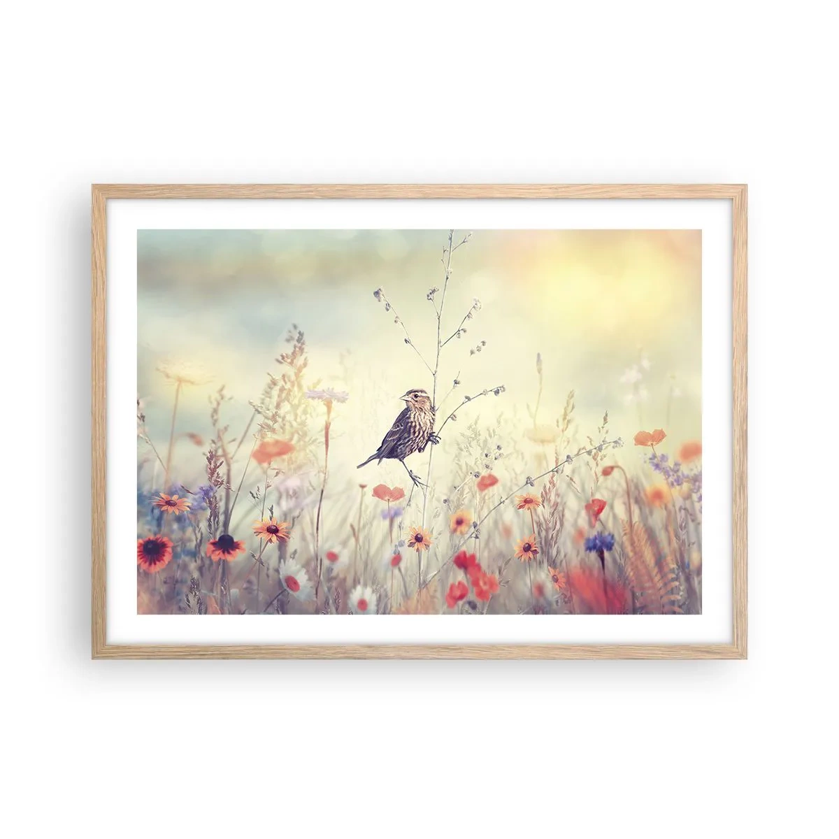 Poszter világos tölgy keretben - Madárportré egy réttel a háttérben - 70x50 cm
