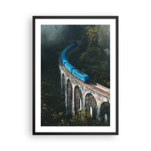 Poszter fehér keretben - Egy kék vonat halad át egy festői viadukton - 50x70cm - Vonzódás a természethez   - Modern fali dekoráció nappalihoz és hálószobához ARTTOR