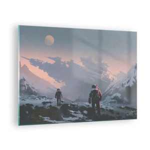 Üveg kép - Űrhajósok egy idegen bolygón, a háttérben egy hajótöréssel - 70x50cm - Ismeretlen csillag alatt - Modern fali dekoráció nappalihoz és hálószobához ARTTOR