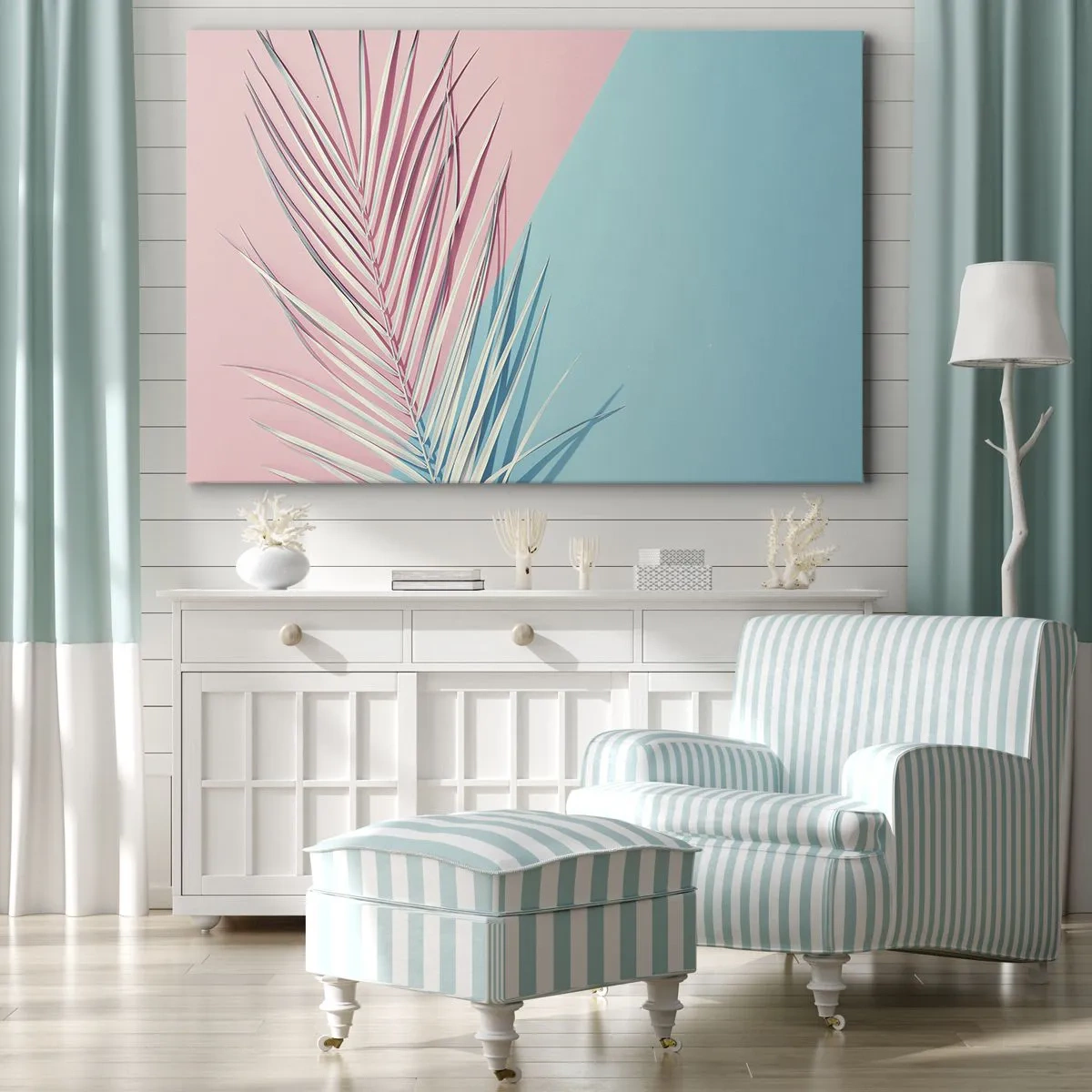 Vászonkép - Trópusi levél pasztell rózsaszín és kék árnyalatú háttér előtt - 70x50cm - Trópusi impresszió - Modern fali dekoráció nappalihoz és hálószobához ARTTOR