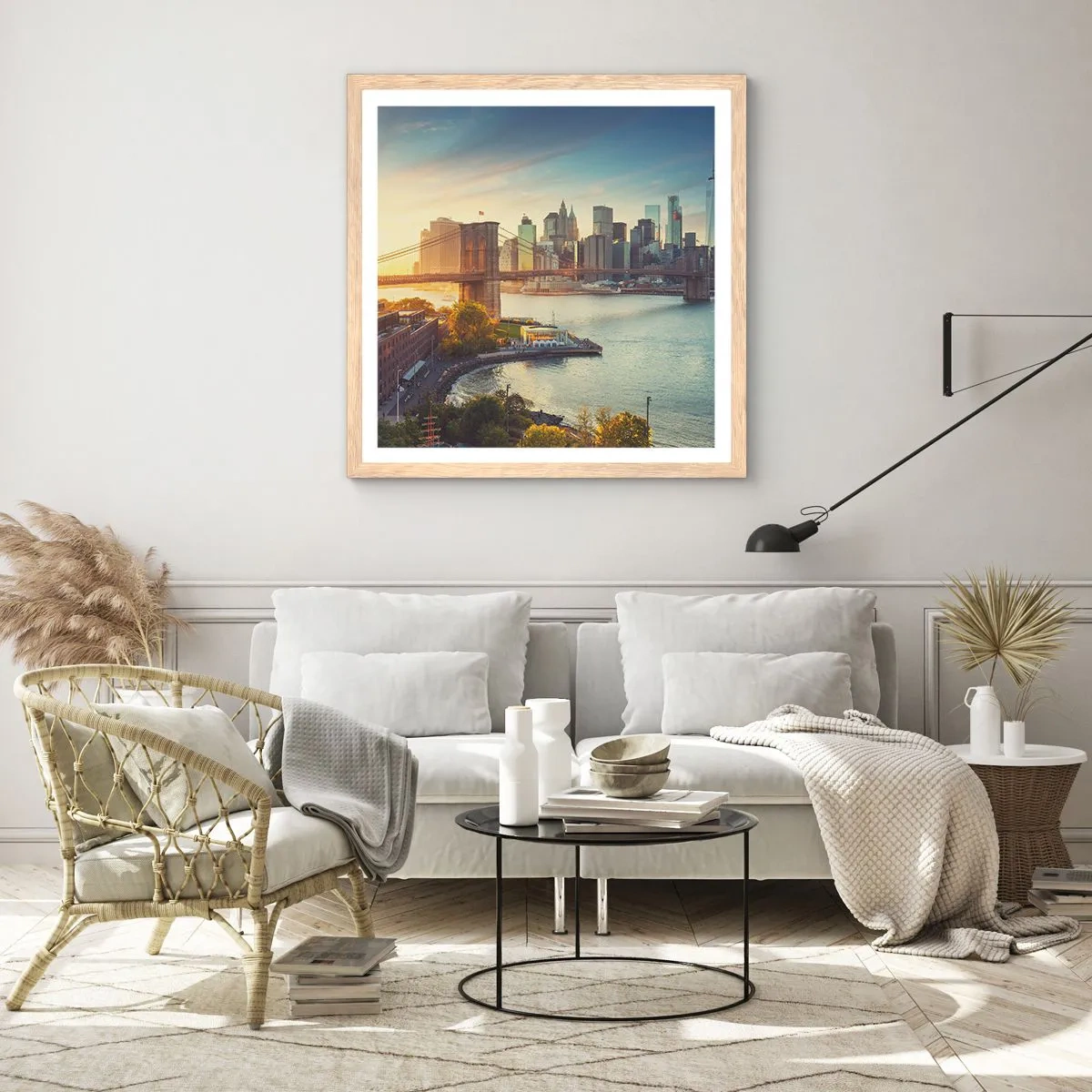 Poszter világos tölgy keretben - Nagyváros hajnala - 60x60 cm