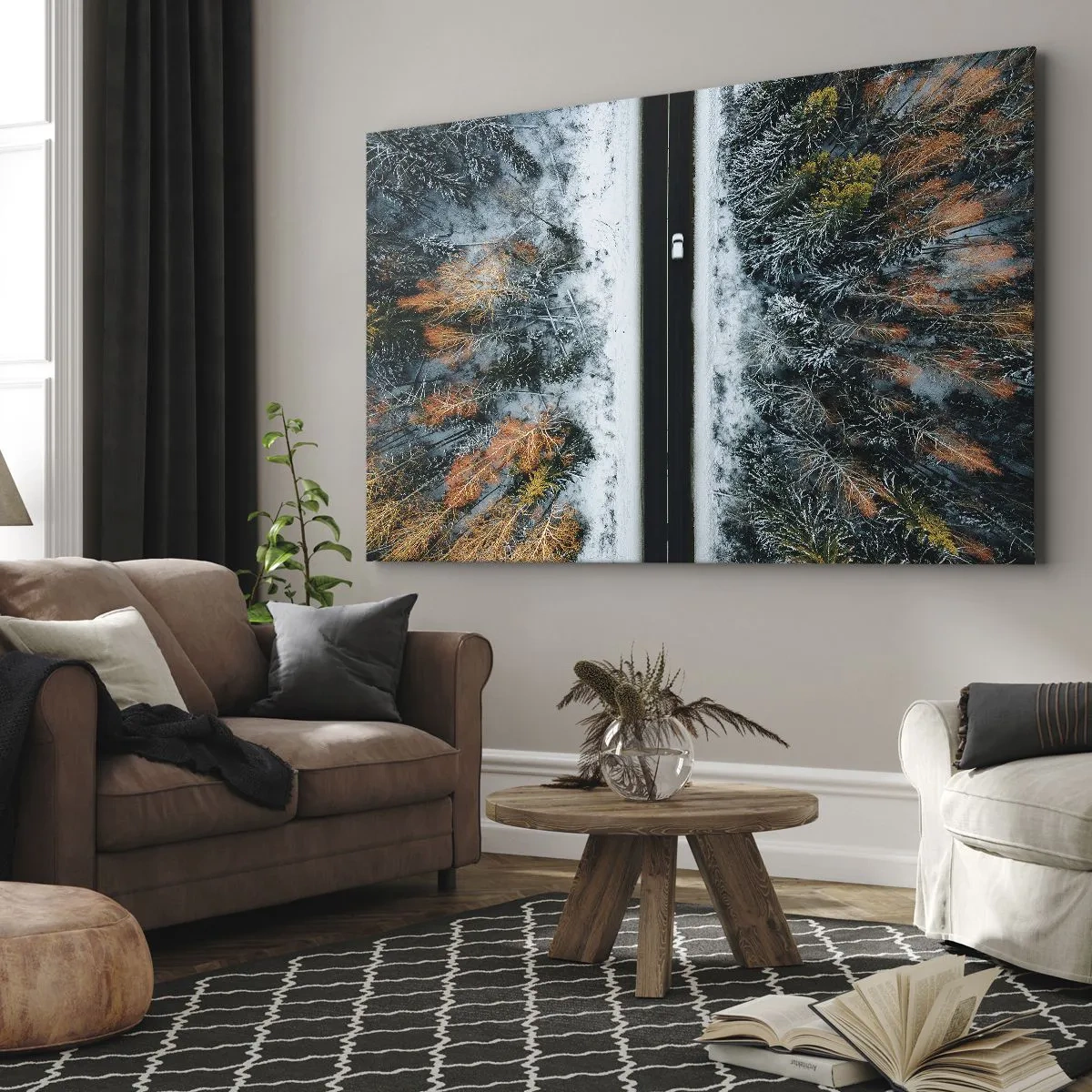 Vászonkép - Egy út egy téli erdőn keresztül madártávlatból - 70x50cm - Átvágni a téli erdőn - Modern fali dekoráció nappalihoz és hálószobához ARTTOR
