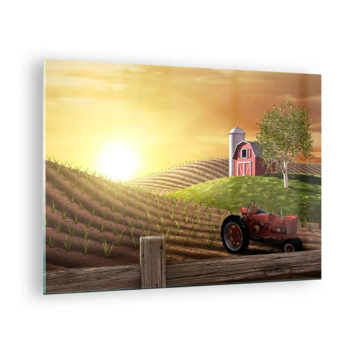 Üveg kép - Naplemente egy farm felett, egy mezővel és egy traktorral - 70x50cm - Tanya, mint a meséből - Modern fali dekoráció nappalihoz és hálószobához ARTTOR