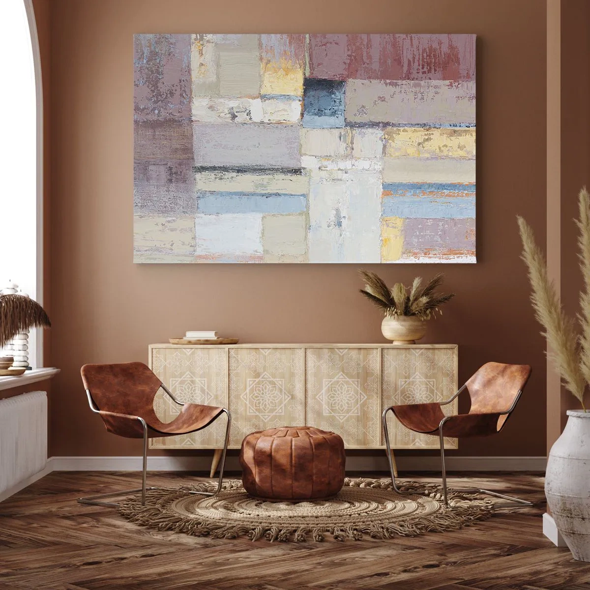 Vászonkép - Geometrikus kompozíció pasztell színekben - 70x50cm - A geometria nyugalma - Modern fali dekoráció nappalihoz és hálószobához ARTTOR