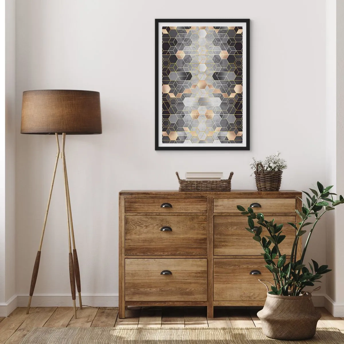 Poszter fehér keretben - Geometrikus hatszögminta arany és szürke árnyalatokban - 50x70cm - Gyémánt kompozíció - Modern fali dekoráció nappalihoz és hálószobához ARTTOR
