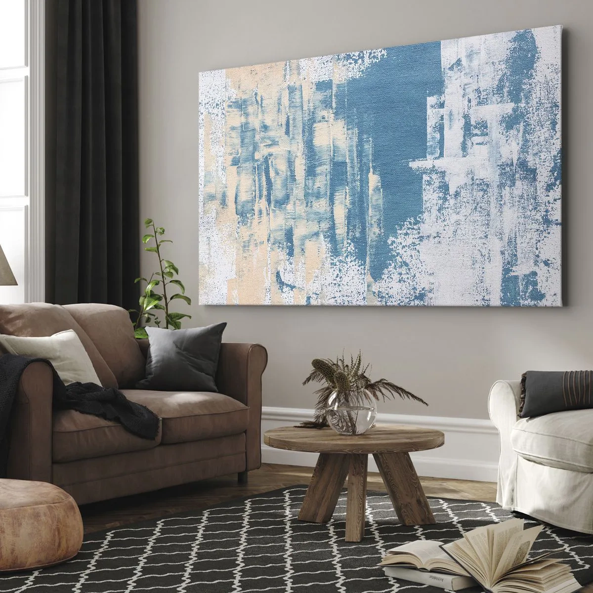 Vászonkép - Absztrakt kompozíció kék és fehér árnyalatokban - 70x50cm - Jégcsapon keresztül - Modern fali dekoráció nappalihoz és hálószobához ARTTOR