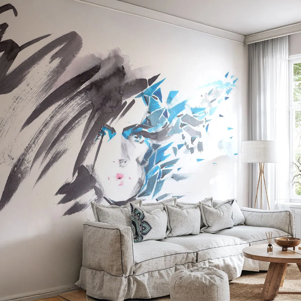 Öntapadós Fotótapéta Deluxe Sticker - Érzéki portré szürkében és kékben - Nő, Női Arc, Absztrakció - 200x140 cm