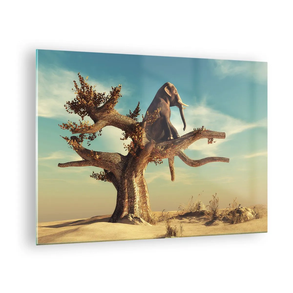 Üveg kép - Egy elefánt ül egy fán sivatagi háttér előtt - 70x50cm - Egy új nézőpont - Modern fali dekoráció nappalihoz és hálószobához ARTTOR