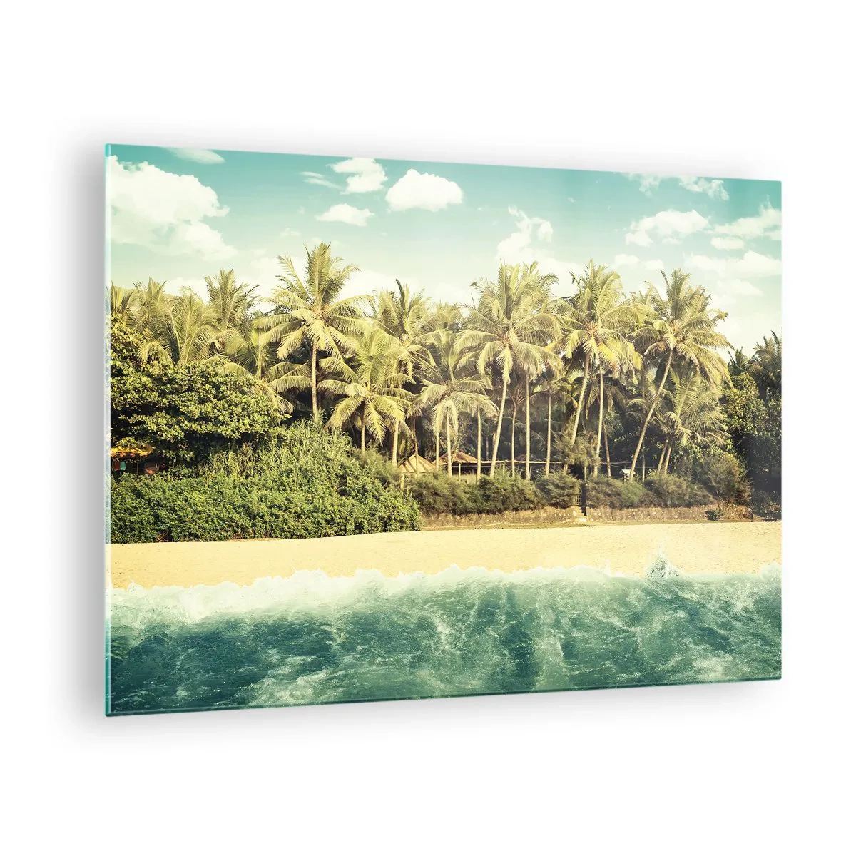 Üveg kép - Egy egzotikus tengerpart pálmafákkal és türkizkék tengerrel egy napsütéses napon - 70x50cm - Talán itt? - Modern fali dekoráció nappalihoz és hálószobához ARTTOR