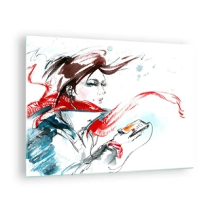 Üveg kép - Egy nő piros sálban, dinamikus, vázlatos részletekkel. - 70x50cm - Valami játszik bennem - Modern fali dekoráció nappalihoz és hálószobához ARTTOR