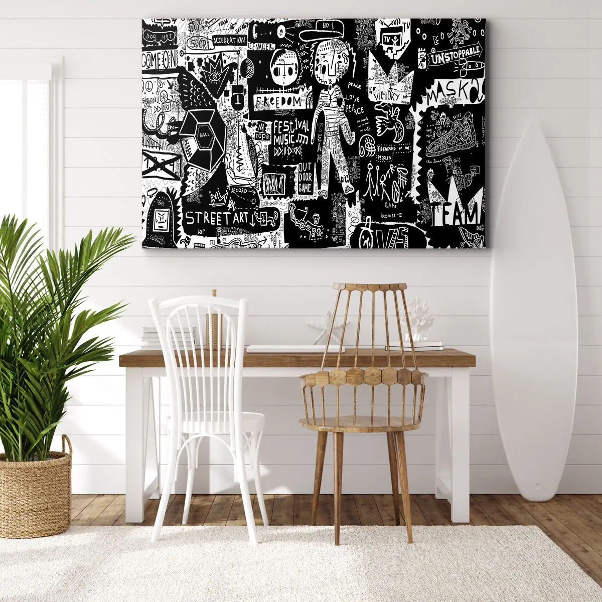 Vászonkép - Utcai művészet ihlette fekete-fehér kollázs - 70x50cm - A szellemi fiatalság törvényei és örömei - Modern fali dekoráció nappalihoz és hálószobához ARTTOR