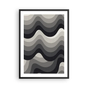Poszter fehér keretben - Geometriai hullámok fekete és szürke árnyalatokban - 50x70cm - Hullám a hullám után - Modern fali dekoráció nappalihoz és hálószobához ARTTOR