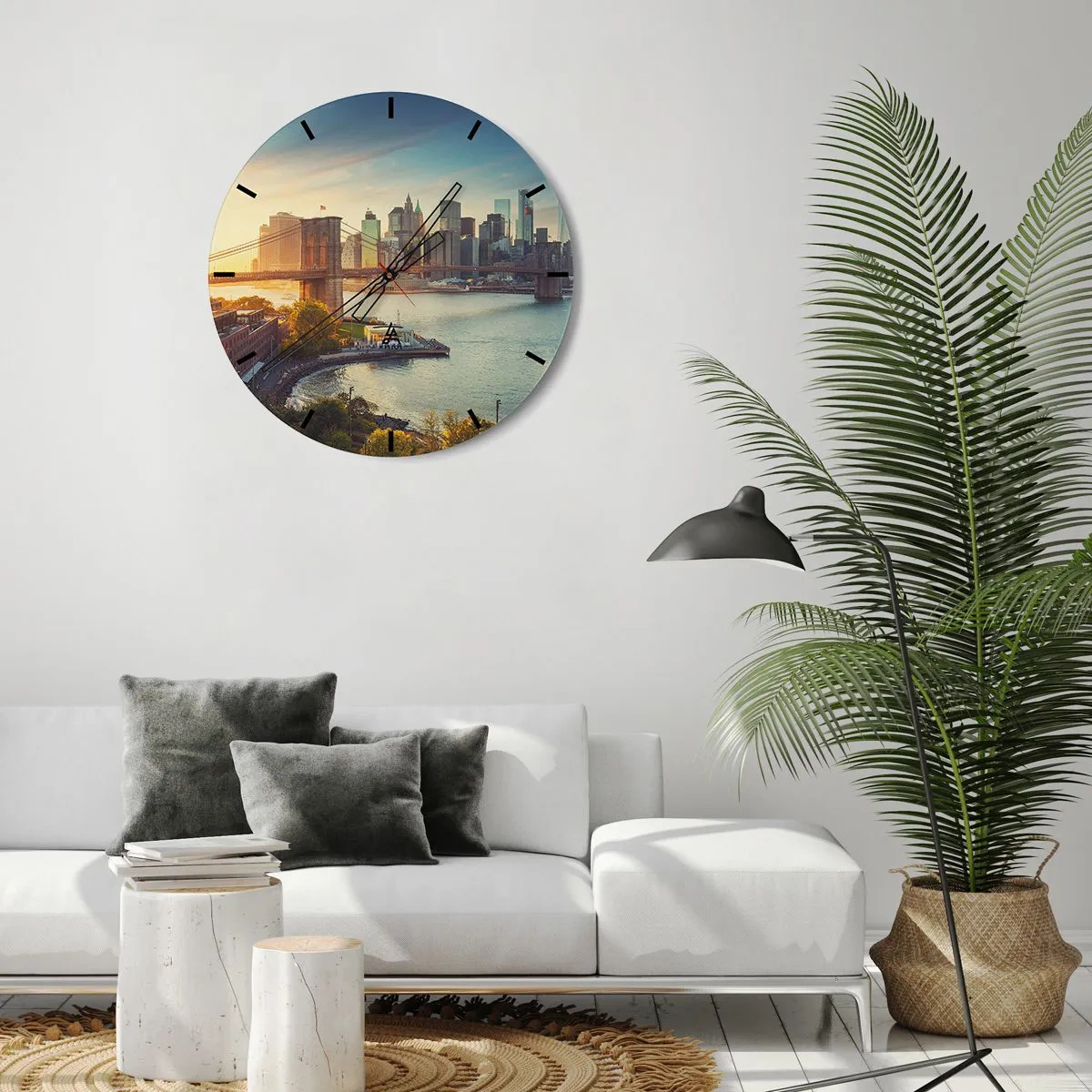 Falióra, Óra - Kilátás a Brooklyn hídra és a város látképére naplementekor - 30x30cm - Nagyváros hajnala - Modern fali dekoráció nappalihoz, konyhához és hálószobához ARTTOR