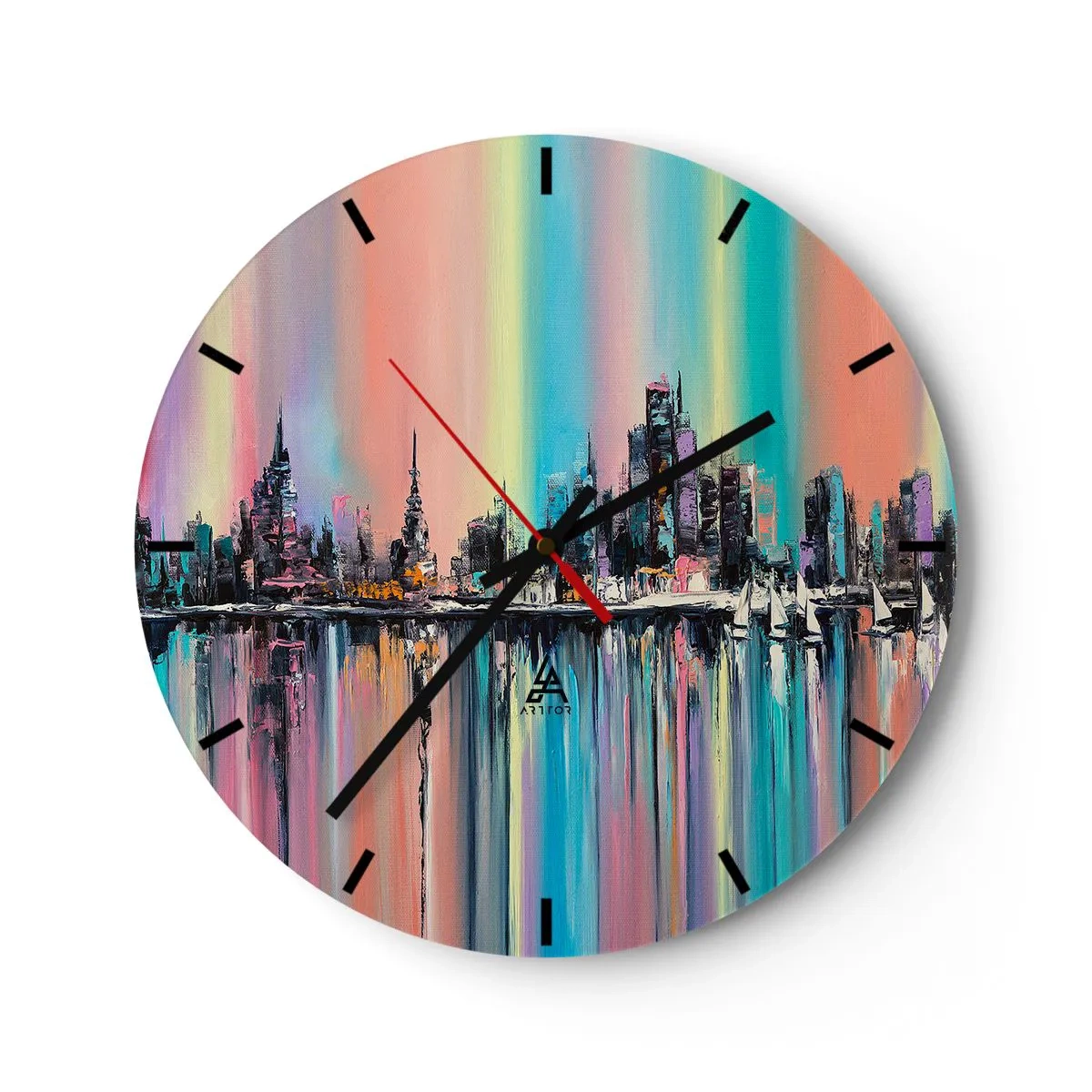 Falióra, Óra - Egy színes városi panoráma tükröződik a vízben - 30x30cm - Lejönni az éjszaka fényében - Modern fali dekoráció nappalihoz, konyhához és hálószobához ARTTOR