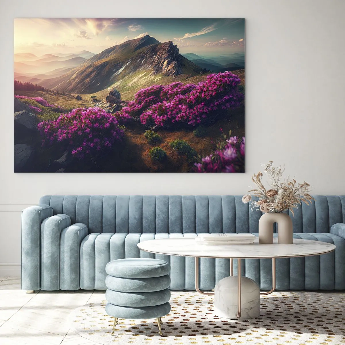 Üveg kép - Nyári hegyi táj virágzó rózsaszín hangával - 70x50cm - Nyár a hegyekben - Modern fali dekoráció nappalihoz és hálószobához ARTTOR