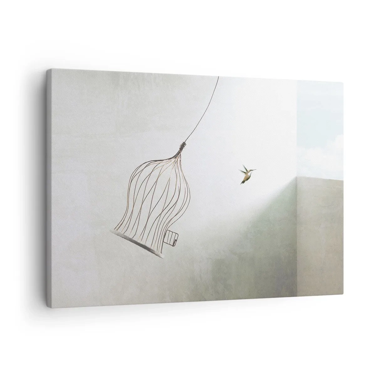 Vászonkép - Egy madár kiszabadult egy kalitkából a ragyogó ég hátterében - 70x50cm - Az elememen - Modern fali dekoráció nappalihoz és hálószobához ARTTOR