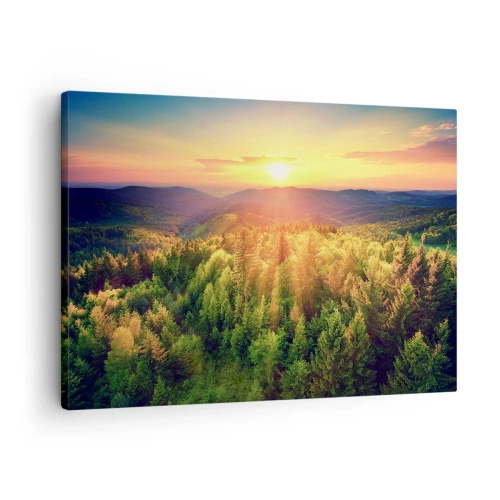 Vászonkép - Erdői táj naplementével a dombok felett - 70x50cm - Hegytetők és csúcsok - Modern fali dekoráció nappalihoz és hálószobához ARTTOR