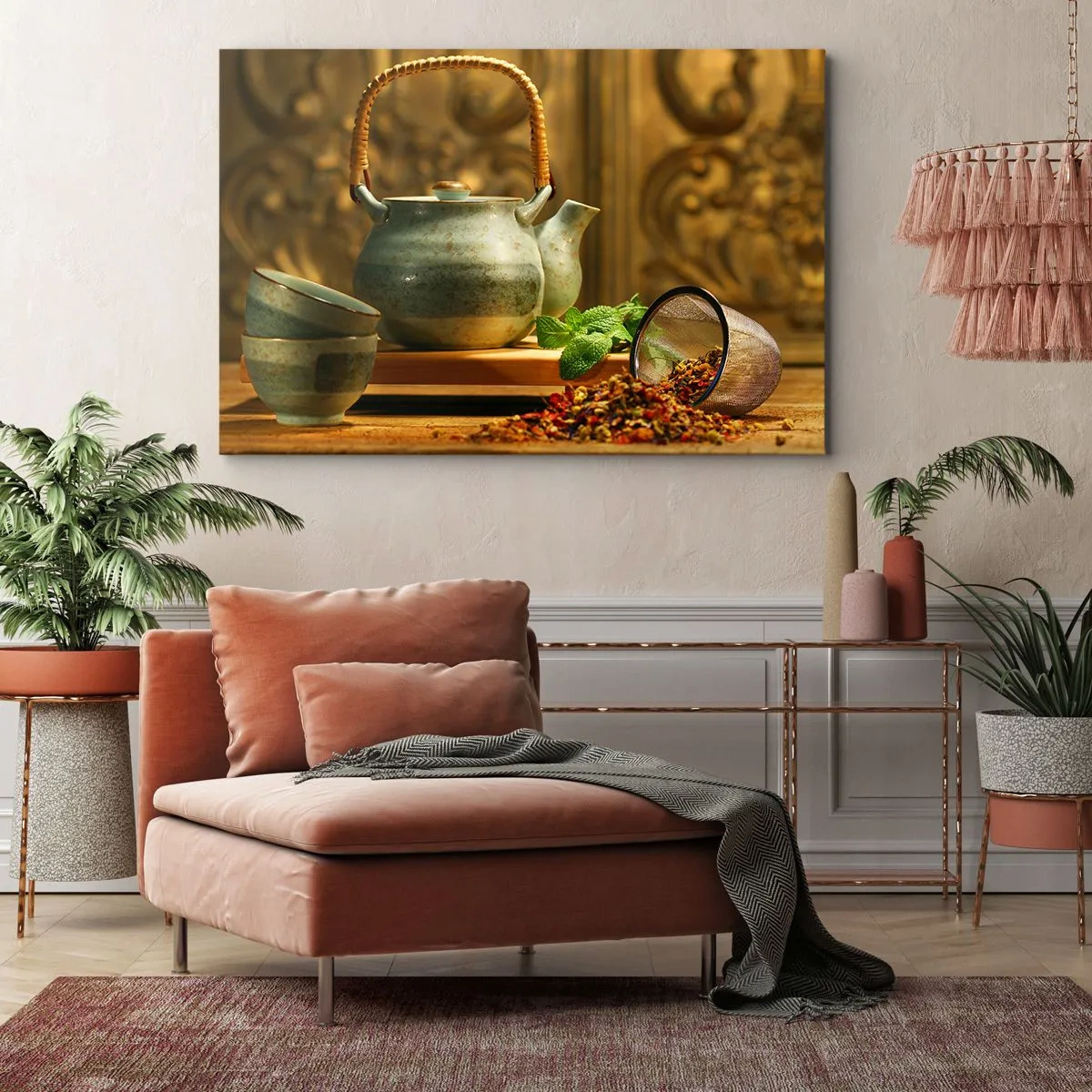 Vászonkép - Kerámia kancsó csészékkel és szárított teával - 70x50cm - Szerződés a tea ivásról - Modern fali dekoráció nappalihoz és hálószobához ARTTOR