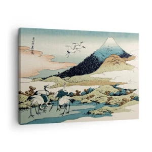 Vászonkép - Hagyományos japán grafika hegyekkel és darukkal - 70x50cm - Japán lélekben - Modern fali dekoráció nappalihoz és hálószobához ARTTOR