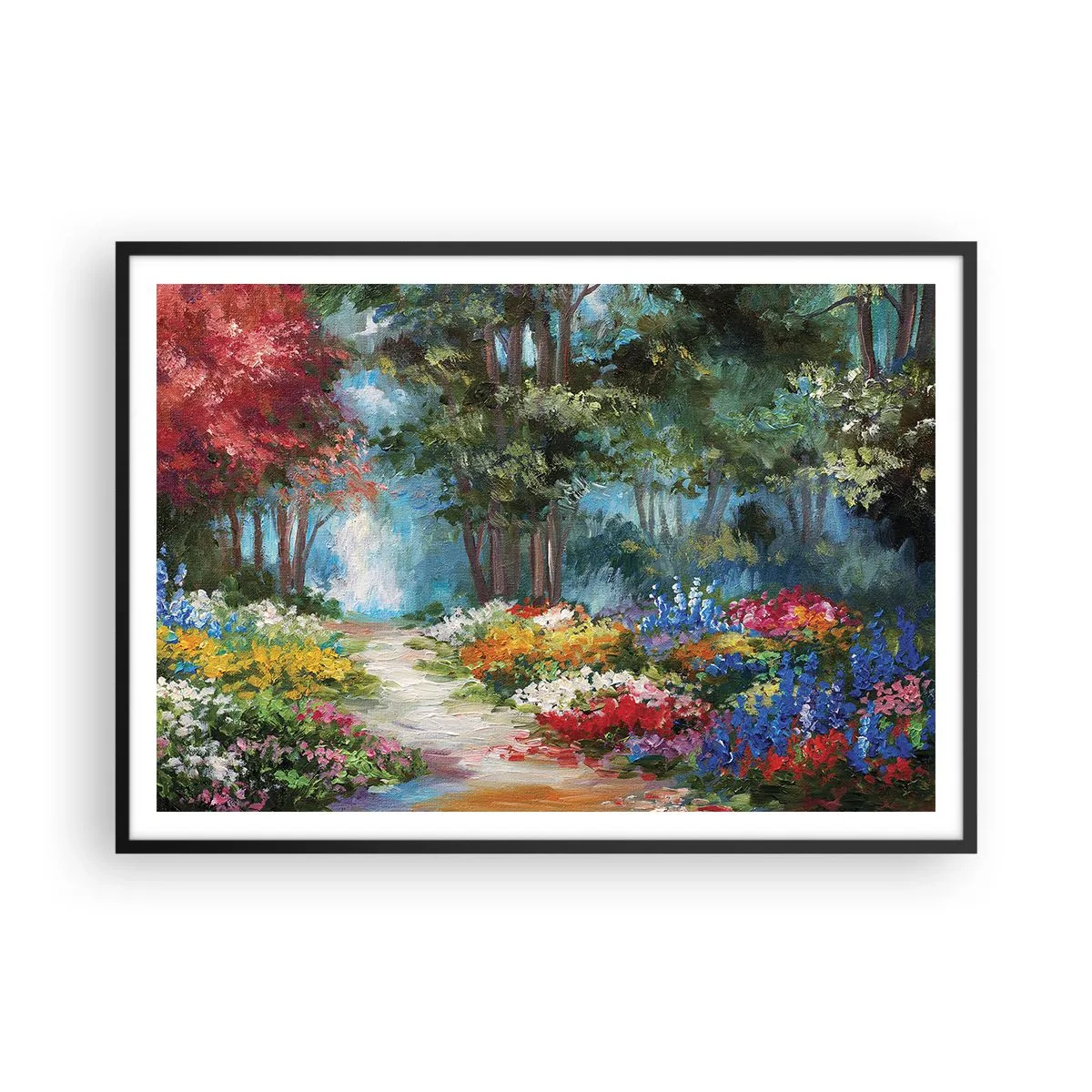 Poszter fehér keretben - Erdei kert, virágos erdő - 100x70 cm