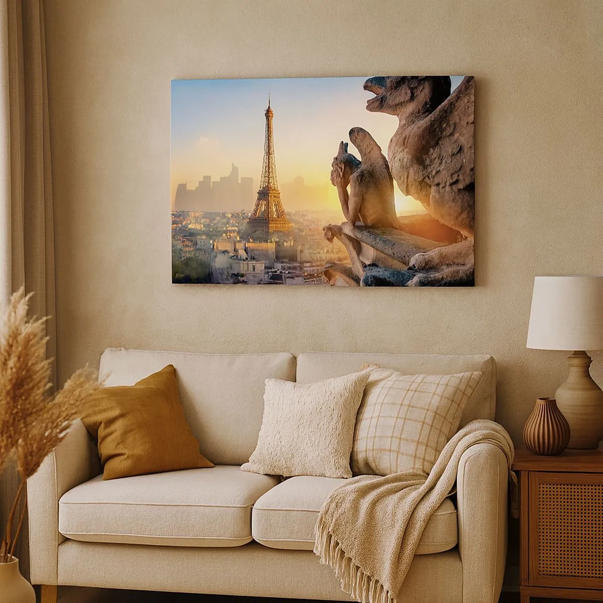 Vászonkép - Az Eiffel-torony látképe vízköpőkkel a háttérben - 70x50cm - Sok minden változott... - Modern fali dekoráció nappalihoz és hálószobához ARTTOR