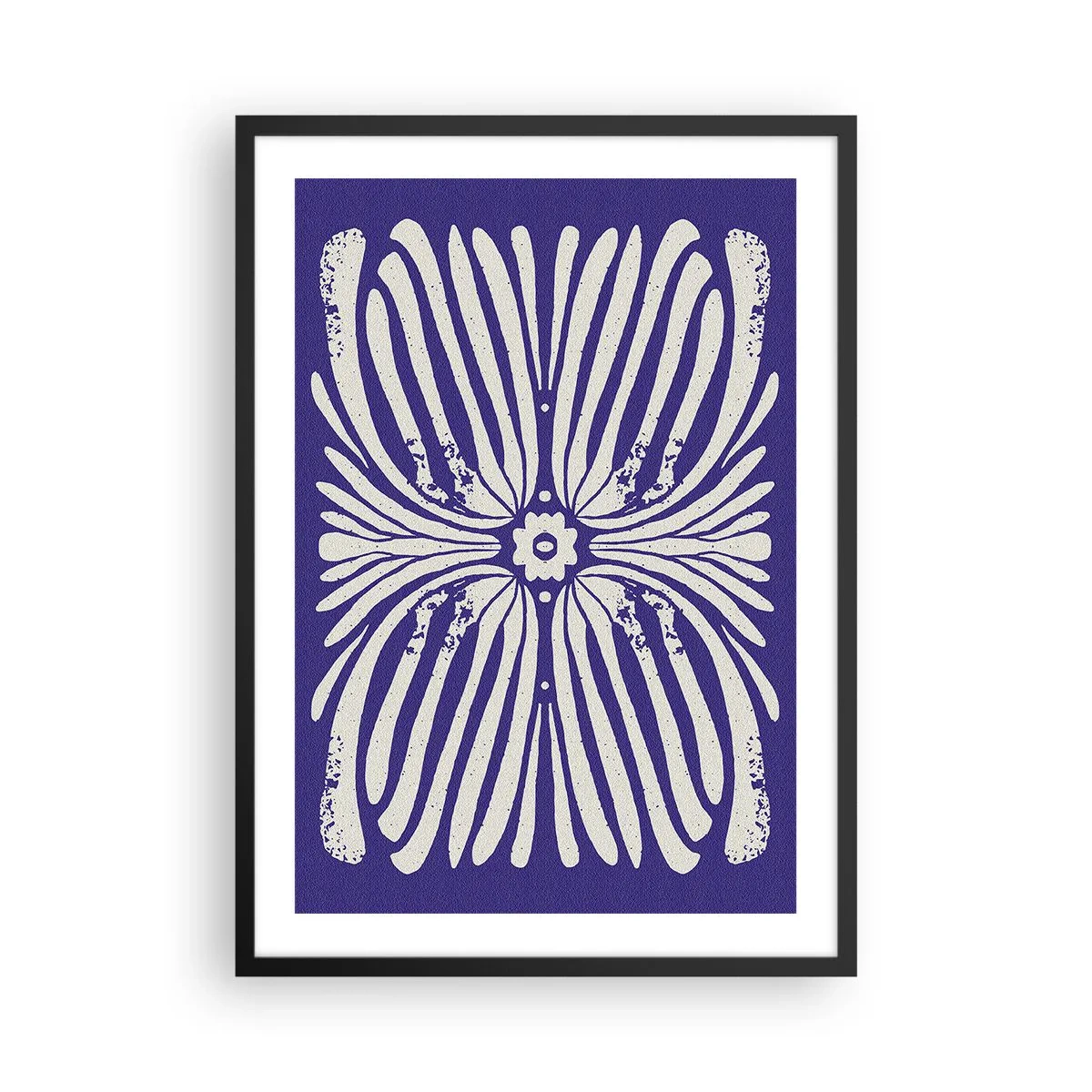Poszter fehér keretben - Szimmetrikus retro virágmintás sötétkék alapon - 50x70cm - Etnikai inspirációk - Modern fali dekoráció nappalihoz és hálószobához ARTTOR